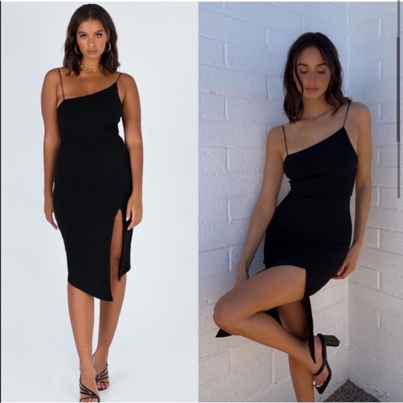Princess Polly Black Aero Asymmetric Side Slit Midi Dress - Picture 2 of 11